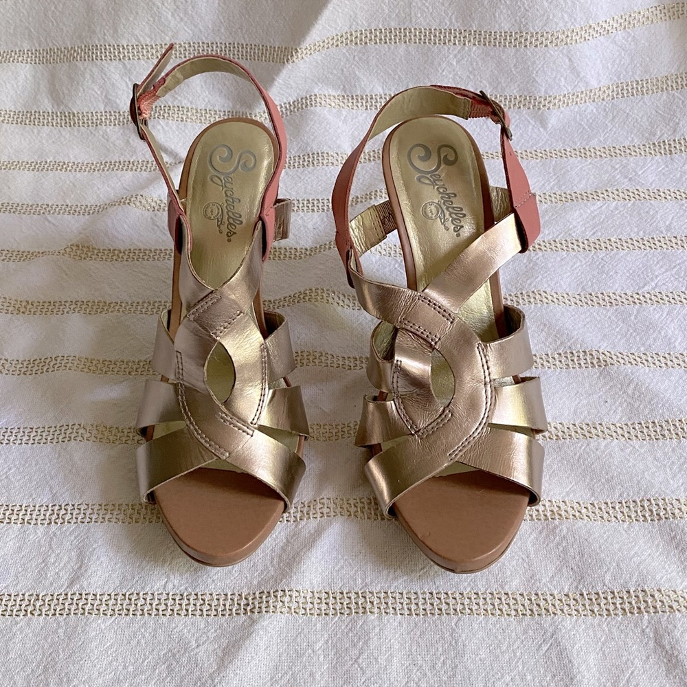 Seychelles Gold and Pink Heeled Sandals